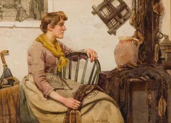 Frau beim Netzeflicken